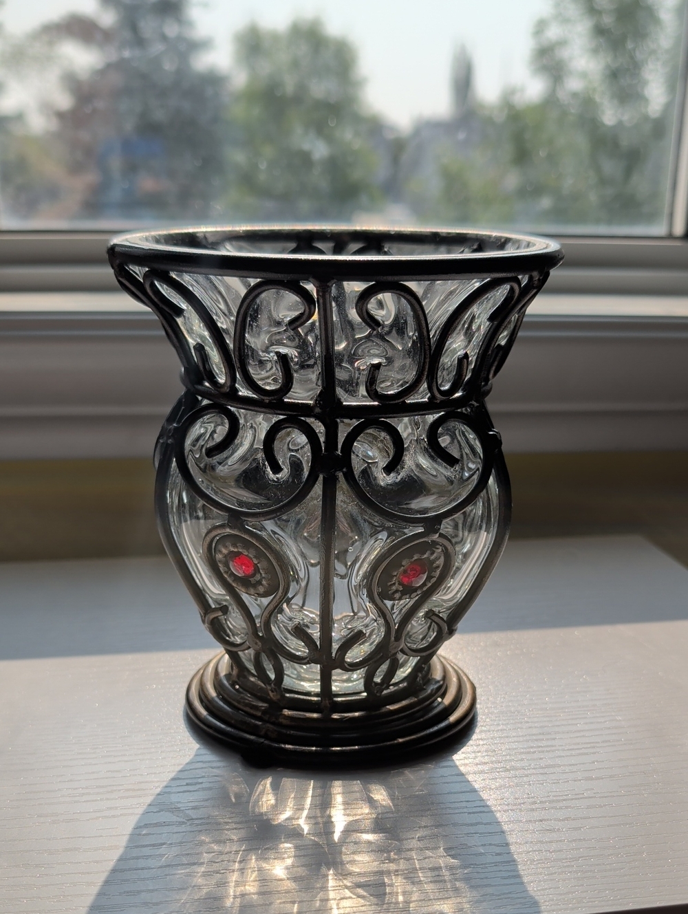 Gothic Wrought Iron Caged Bubble Glass Candle Holder - Red Jewels 6"